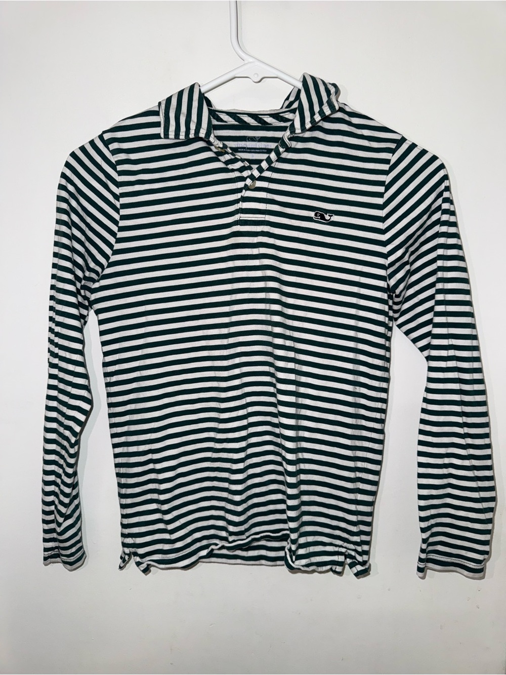 Vineyard Vines Striped Long-Sleeve Hooded Polo Shirt - White & Dark Green